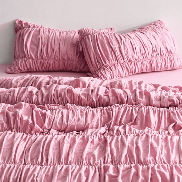 Pembe %100 Organik Pamuk Büzgülü Nevresim Takımı - Yün Evim® Natural Serisi