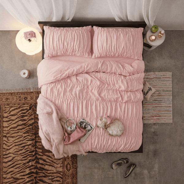 Büzgülü Açık Pembe Pamuklu Nevresim Seti